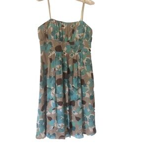 Max & Cleo silk dress strapless lined botanical print pleated bust with stays